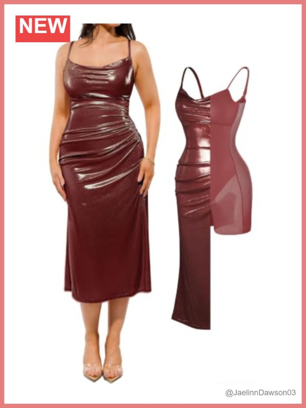 Popilush Built-in Bra Shapewear Midi Dress Ruched Cowl Neck Formal
